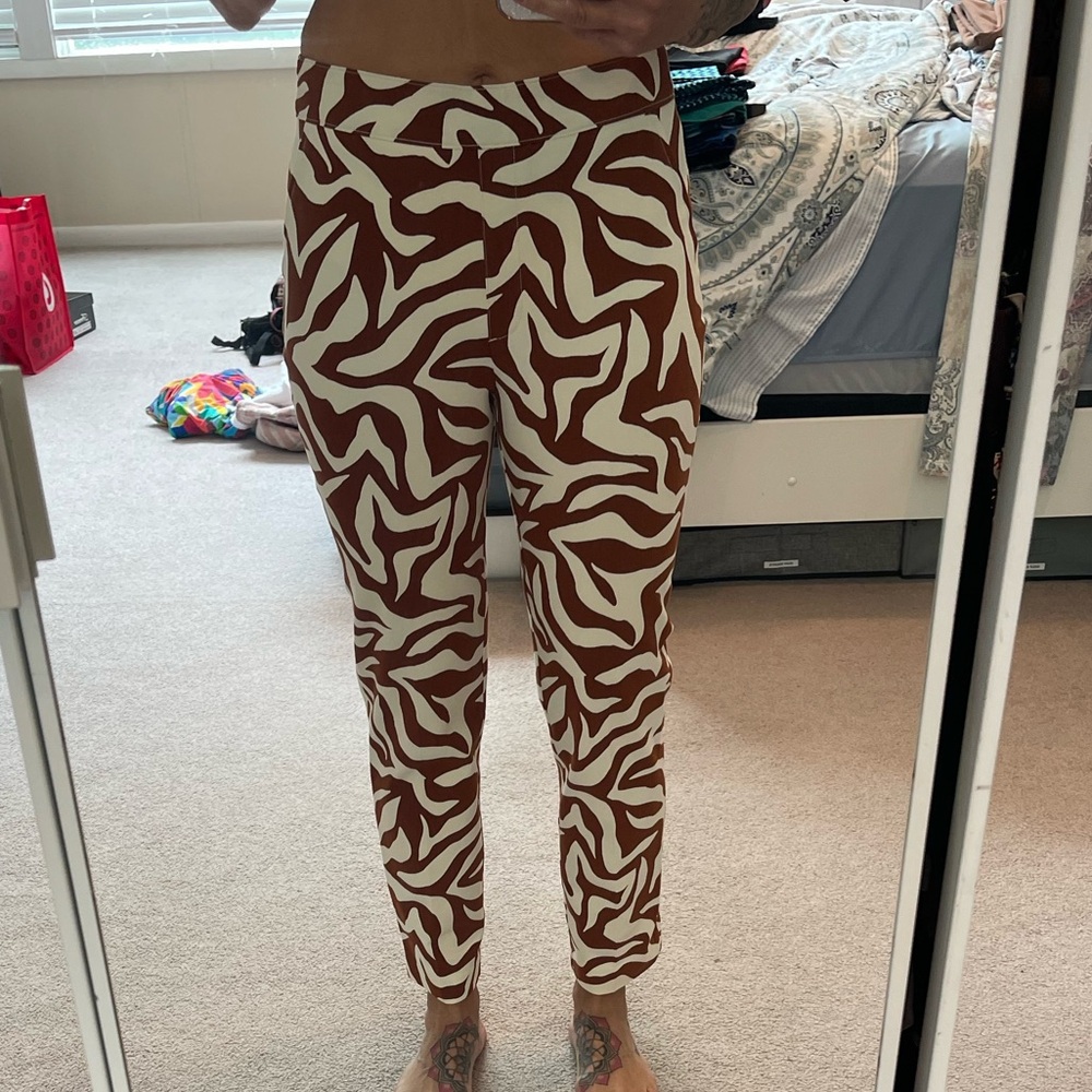 SPANX Brown and White Track Pants with Geometric Pattern